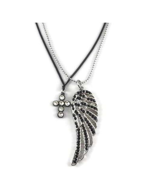 Colier argintiu cruce neagra cu pietre si aripa argintie cu pietre Wings